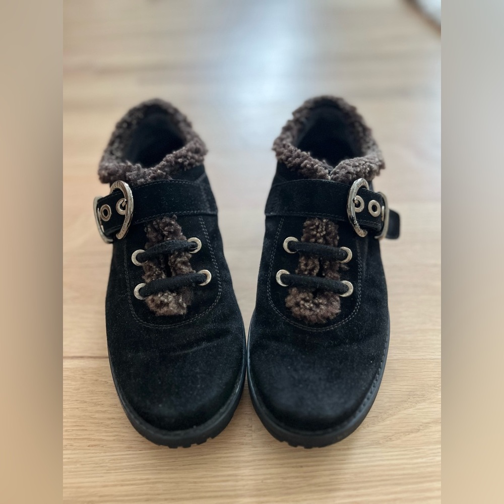 Stuart Weitzman Furgoodness Suede Sneakers Black Ankle Boots with Buckle, 8.5
